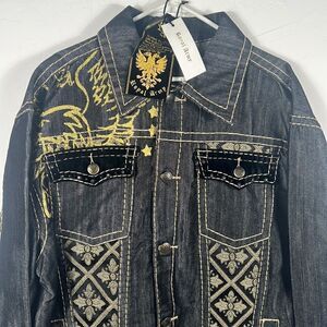 🔥🔥 “NWT” ROYAL ARMY Black Denim &‎ Gold JACKET “Affliction Style” - Sz Large